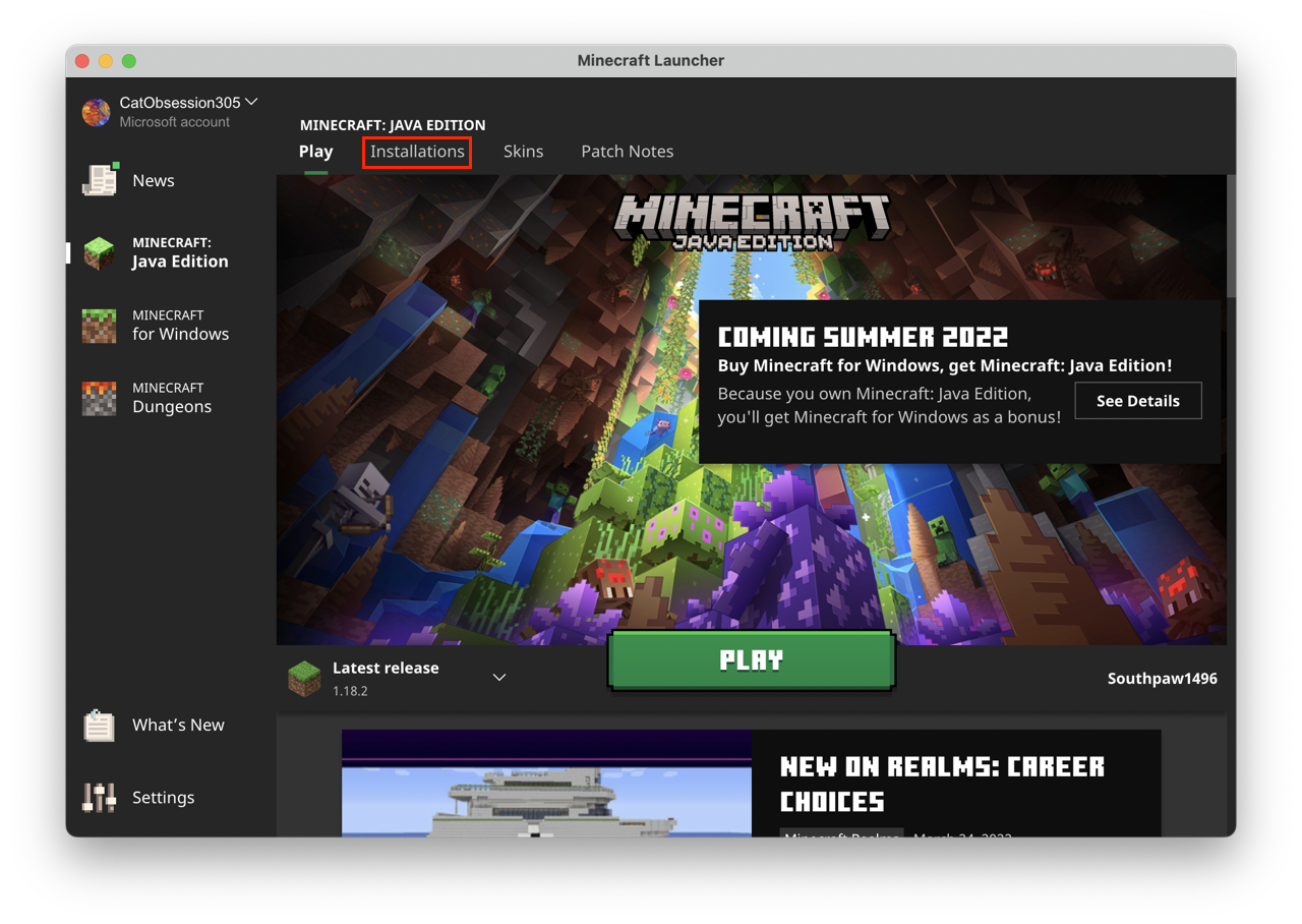 "Screenshot of Minecraft Launcher with "Installations" Highlighted"