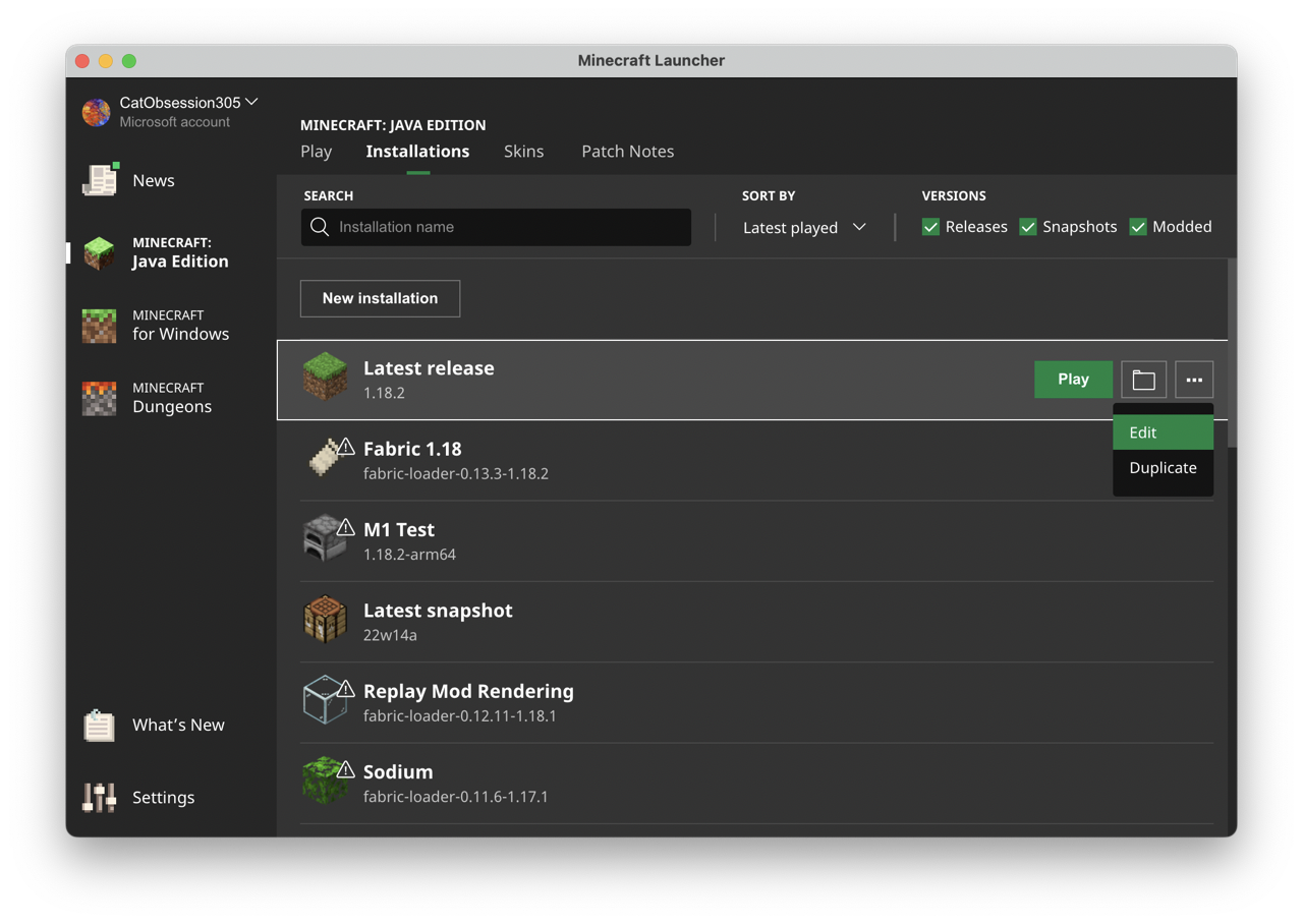 "Screenshot of the Minecraft Launcher Installations screen