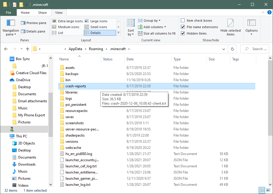 Minecraft data folder highlighting crash-reports folder