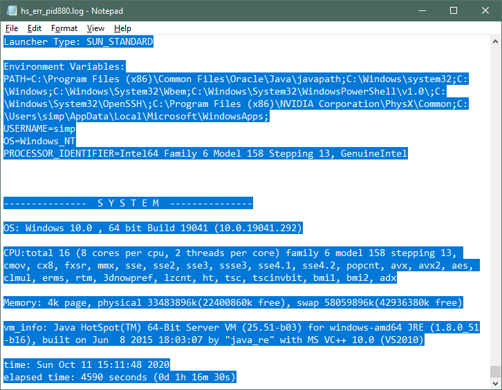 JVM crash report open in Notepad with all text selected