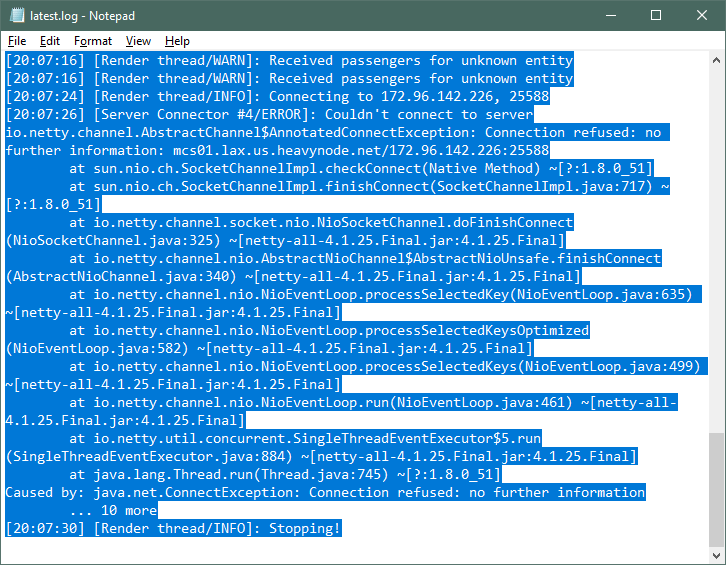 Latest Log file with all text selected