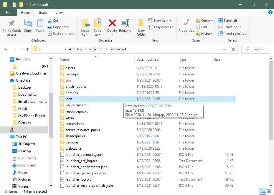Minecraft logs folder