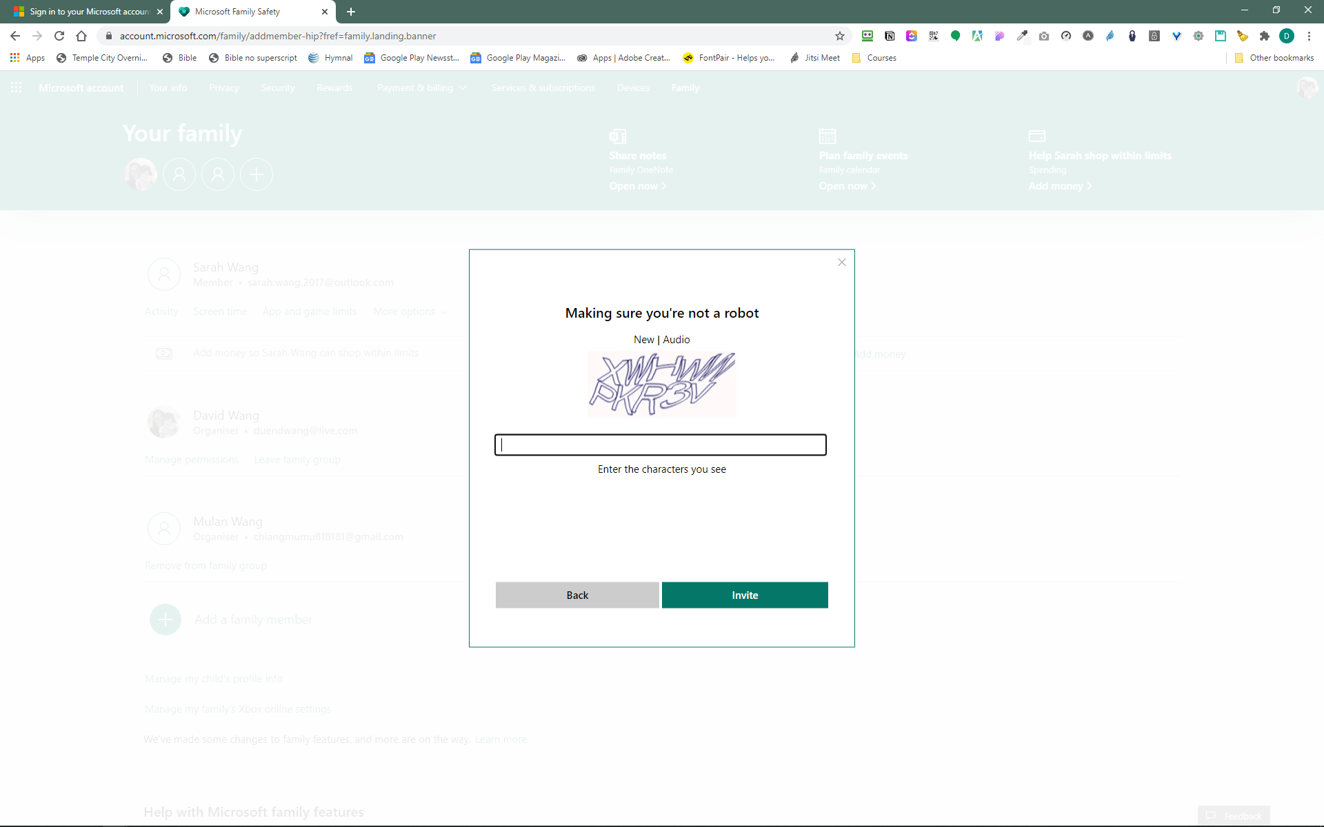 Microsoft family add member, captcha