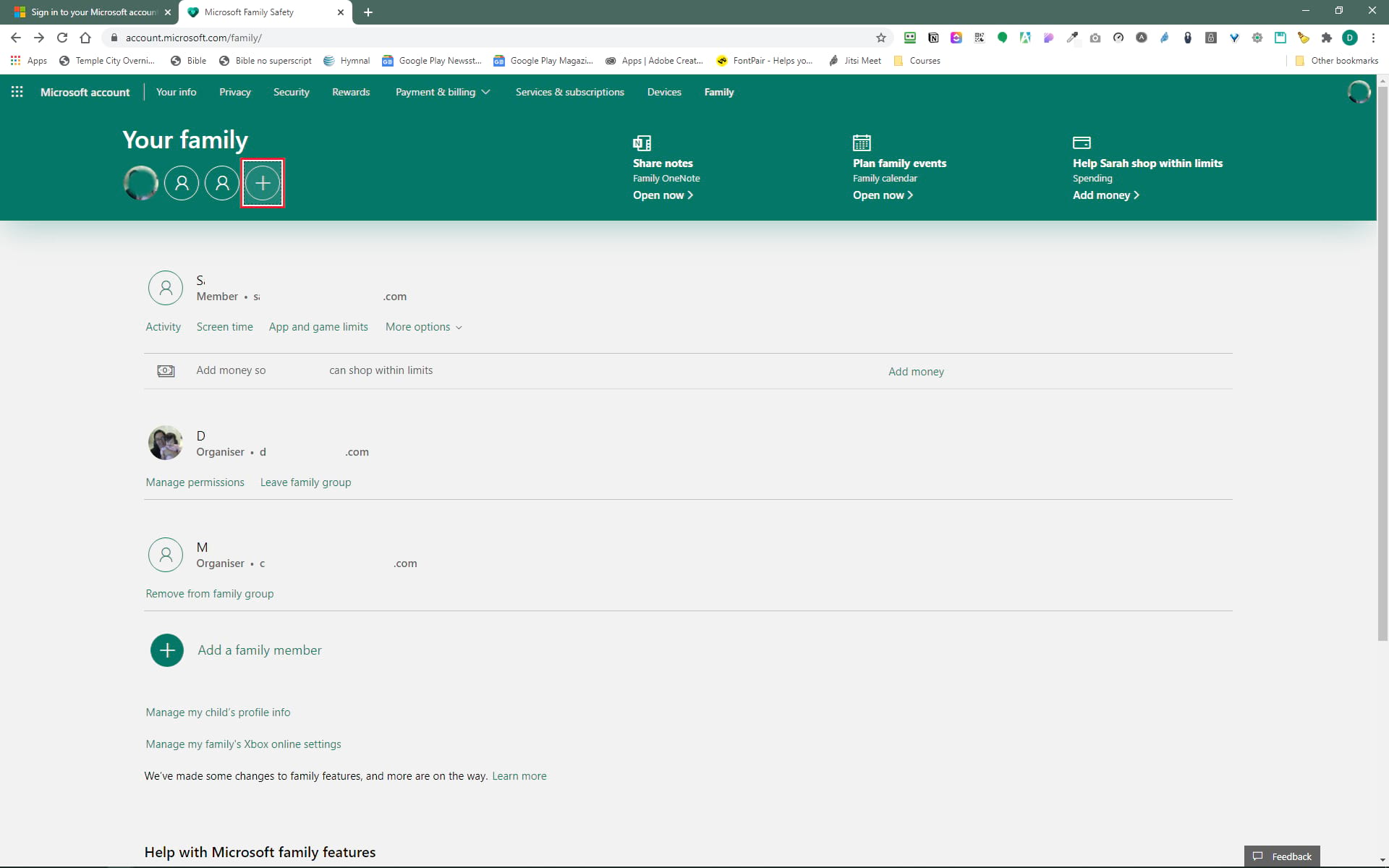 Microsoft family page highlighting plus sign button