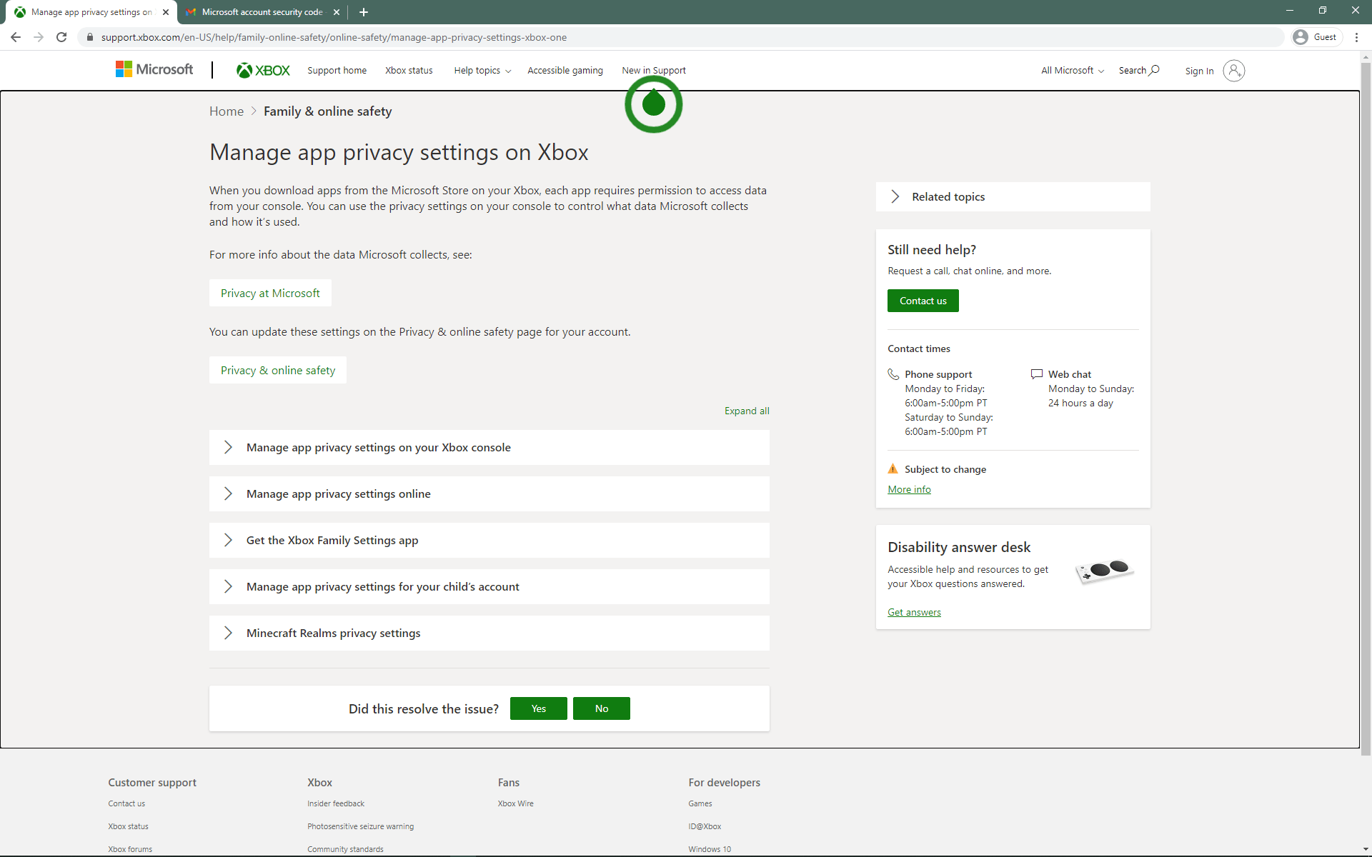 Xbox privacy redirects to support page