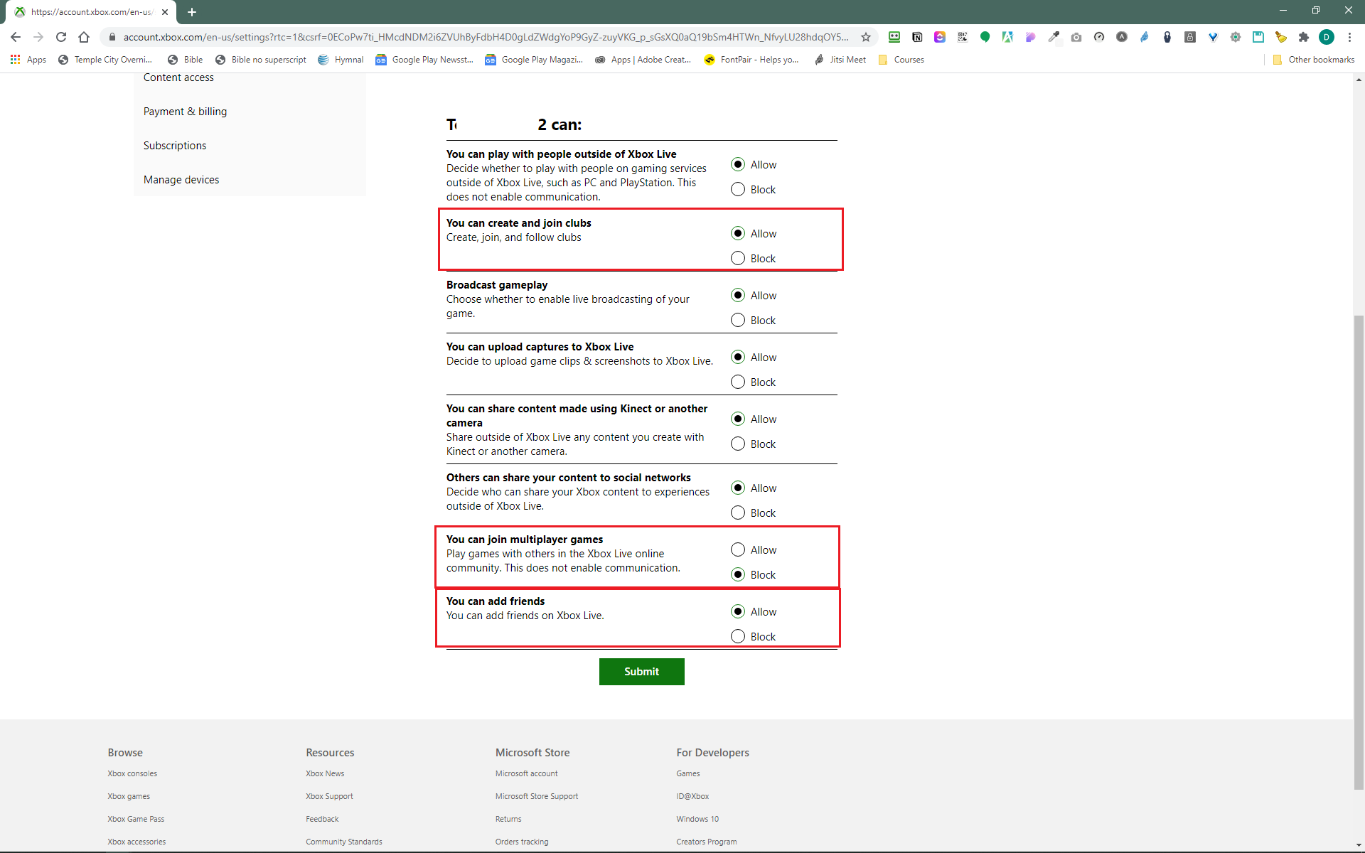 Xbox privacy settings, online safety tab