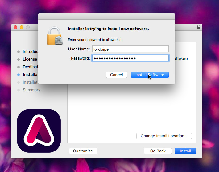 Screenshot of OpenJDK installer with Mac password prompt