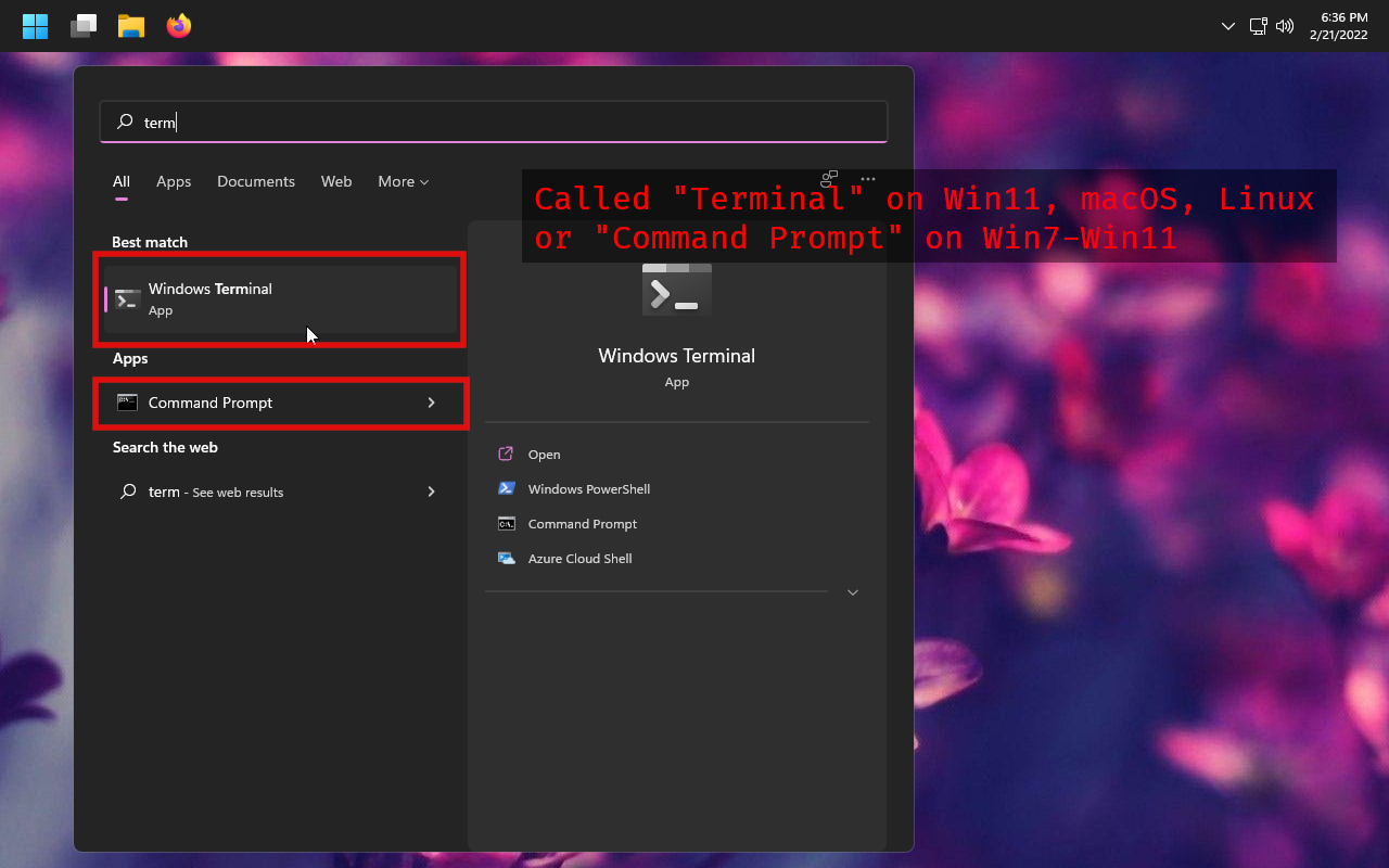 Screenshot of start menu with Windows Terminal and Command Prompt highlighted